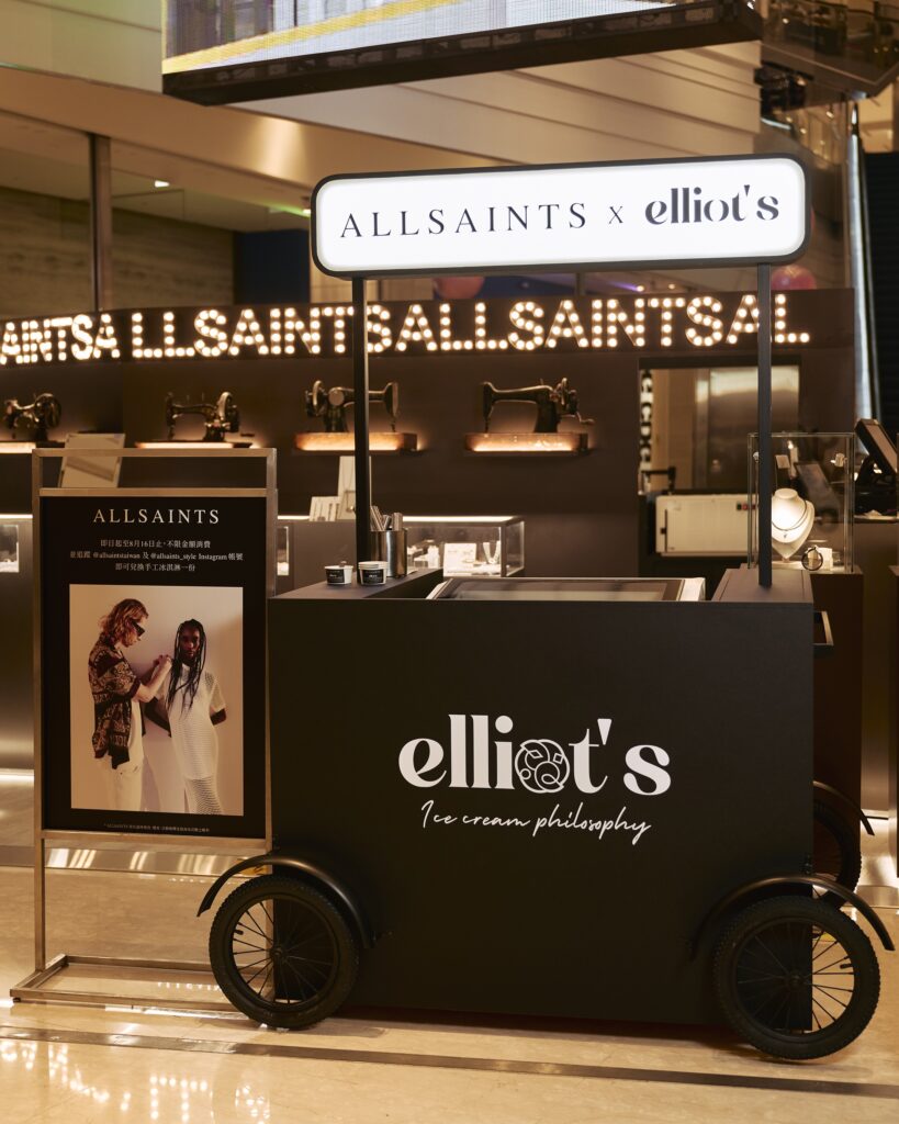 Elliot's AllSaints ice cream cart with collaboration branding